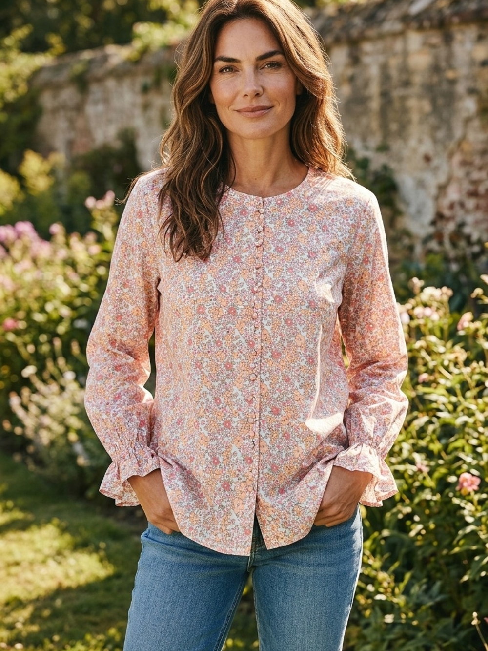 Women’s Pink Floral Button-Front Blouse - Picture 2 of 2